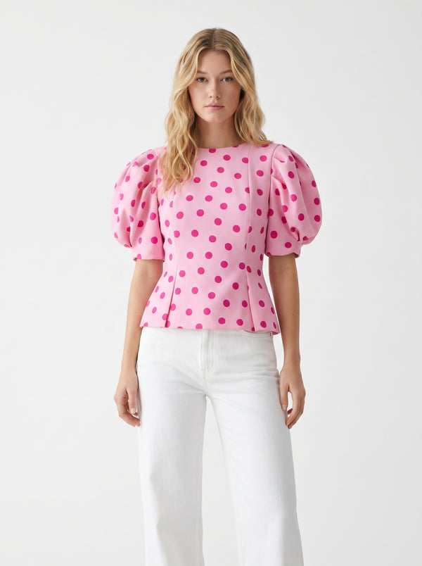 Élodie Évasée Blouse (pink polka-dots)